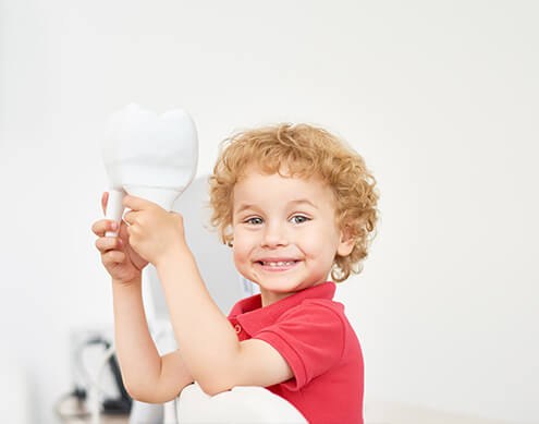 young boy holding a large fake tooth