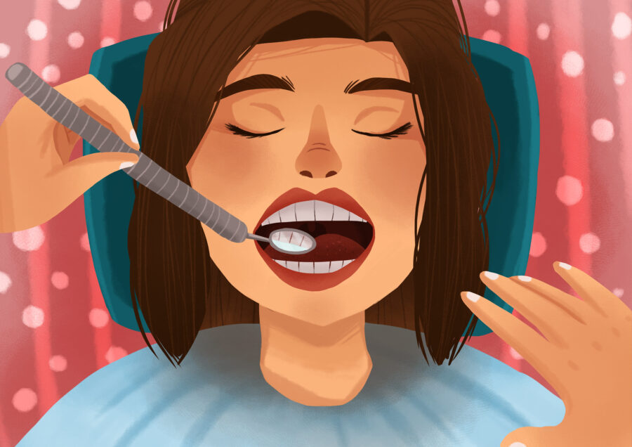 Cartoon drawing of a brunette woman receiving a dental exam in Austin, TX