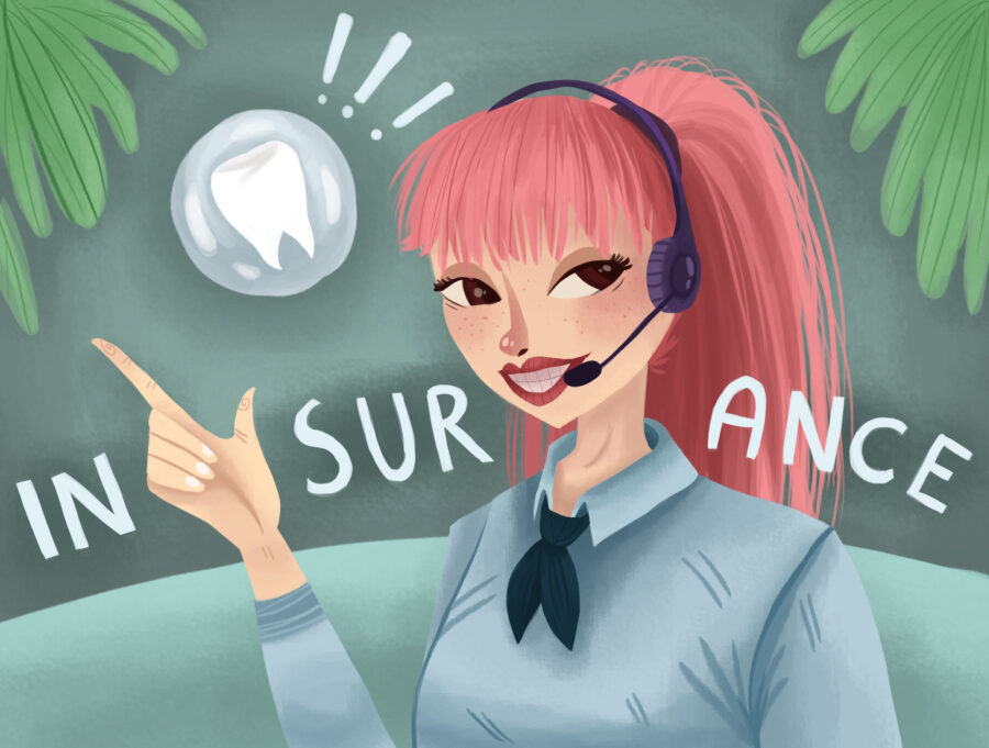Drawing of a dental insurance agent with a headset pointing to a floating tooth