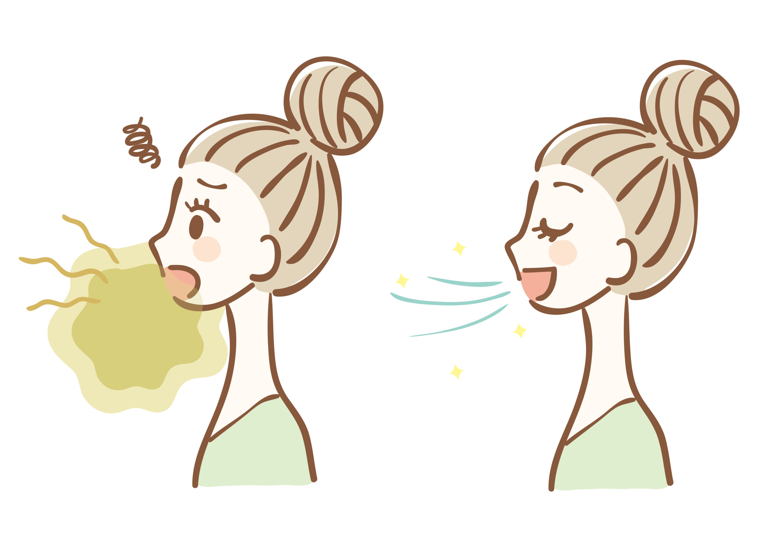 Illustration of a woman with bad breath before she receives bad breath treatment in Austin, TX