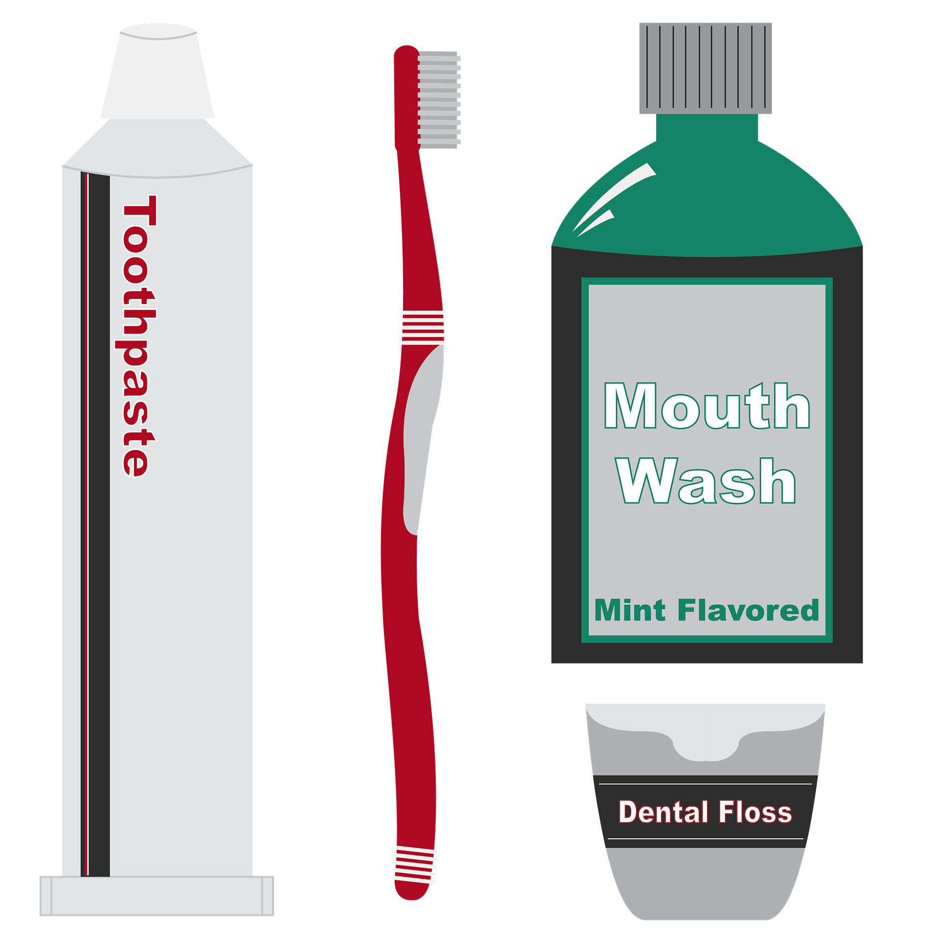 Graphic showing a toothbrush, mouthwash, dental floss and toothpaste.