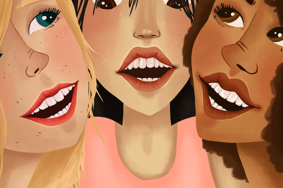 Three smiling cartoon women with porcelain veneers.