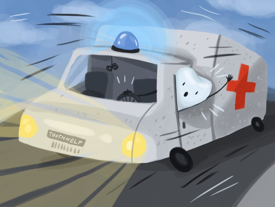 dental emergency, emergency dentistry, graphic illustration of emergency vehicle with a tooth
